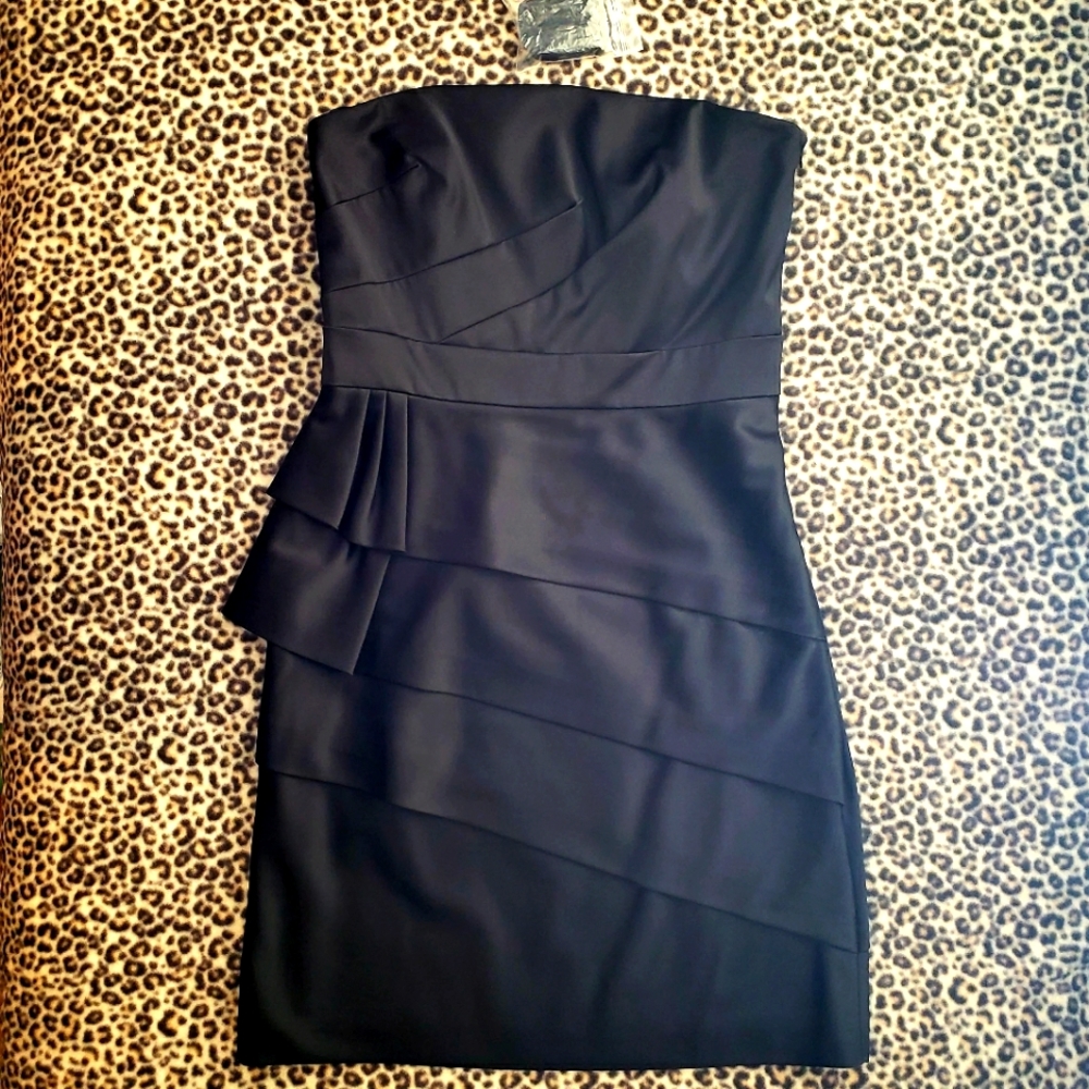 WHBM Black Satin Strapless Lined Tiered Ruffle Mini Dress, Size 8, EUC